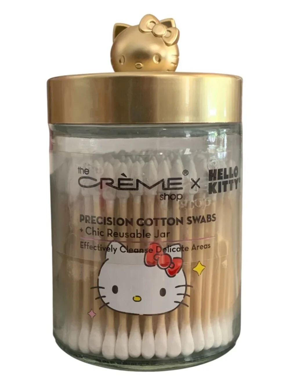 The Crème Shop x Hello Kitty Glass Jars & Base Set Cotton Pads & Swabs Gold New